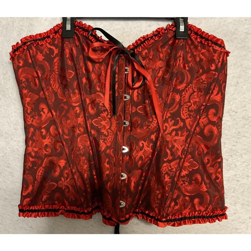 Topmelon‎ Corset Womens 2XL Red Floral Jacquard Ruffle Lace Up Boned Overbust